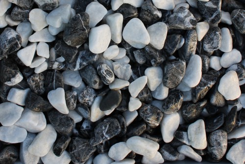 Микс гальки далматин (щебень галтованный микс:белый-черный) фр.40-70 мм.  купить  в Воронеже мрамор белый, черный айвори серый галтовка природного камня 14500 руб/т   фото 